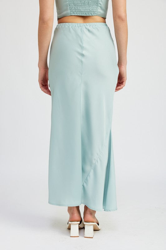 TIE FRONT SATIN MIDI SKIRT LT SEAGREEN by Emory Park | Fleurcouture