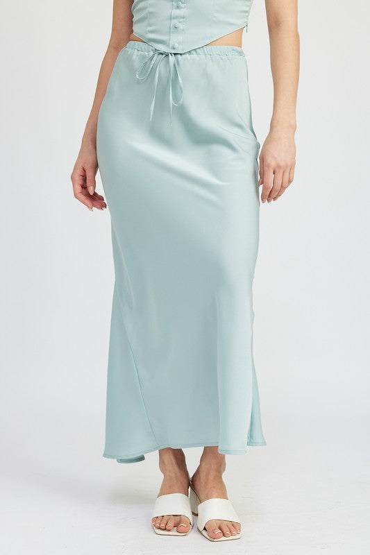 TIE FRONT SATIN MIDI SKIRT LT SEAGREEN S by Emory Park | Fleurcouture