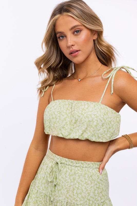 Tie Strap Ruched Crop Top SAGE-WHITE DITSY by LE LIS | Fleurcouture