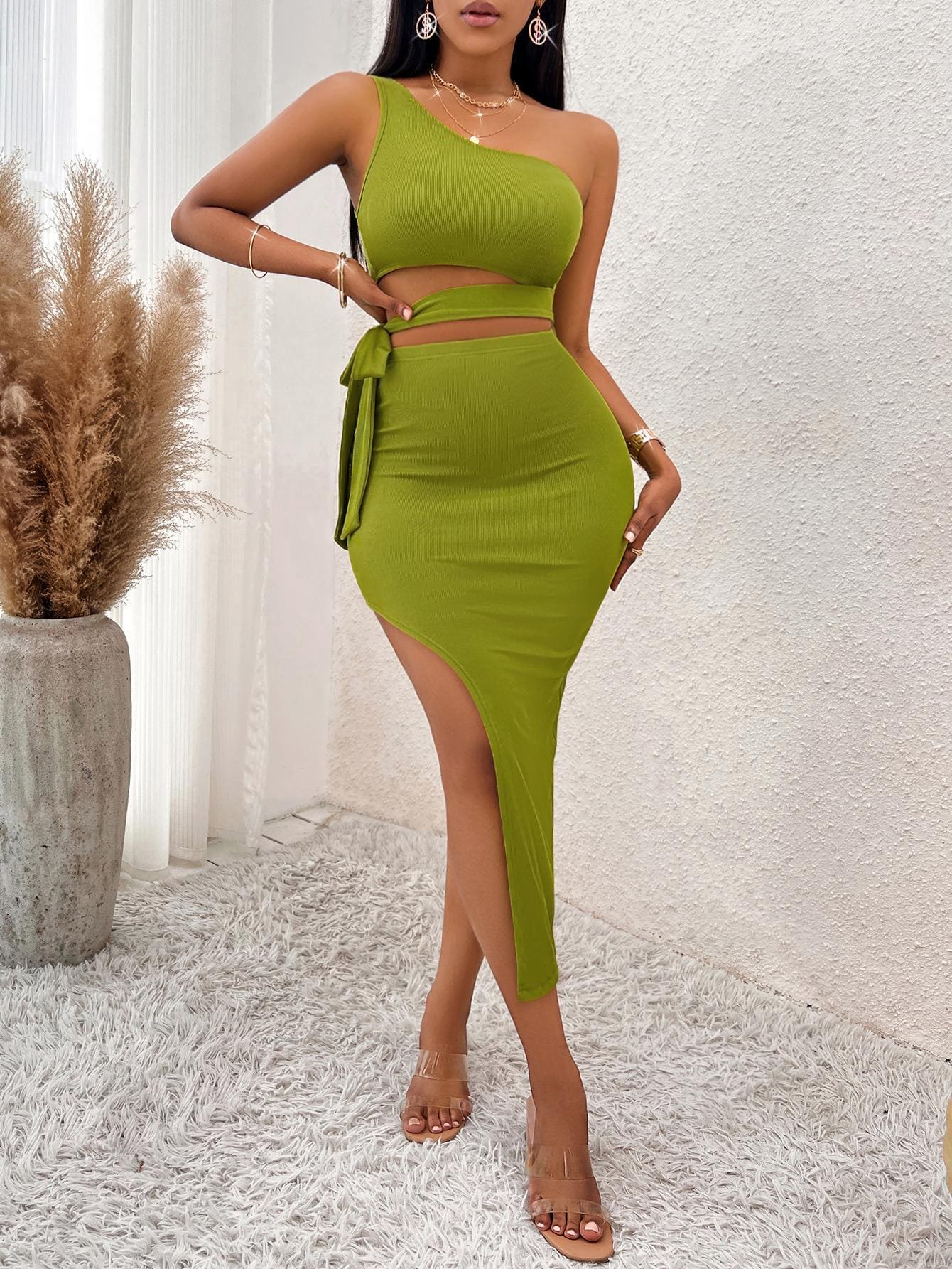 Tie Waist Asymmetrical Midi Dress Lime by Trendsi | Fleurcouture