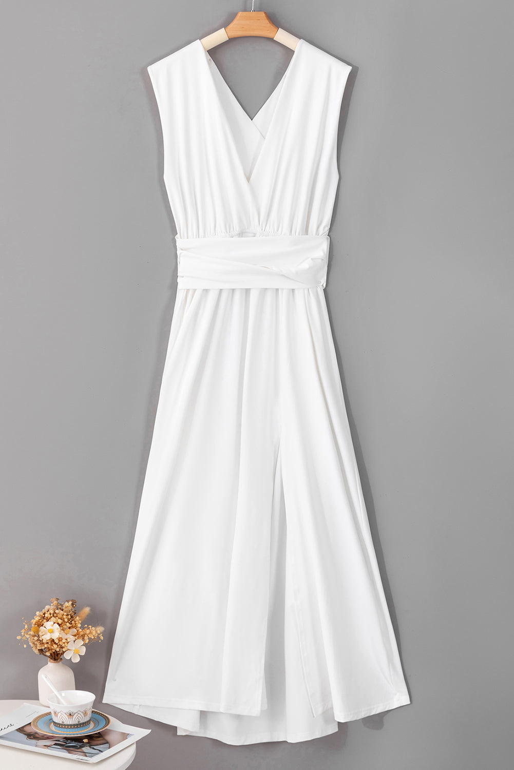 Tied Crisscross Plunge Sleeveless Dress White Women&