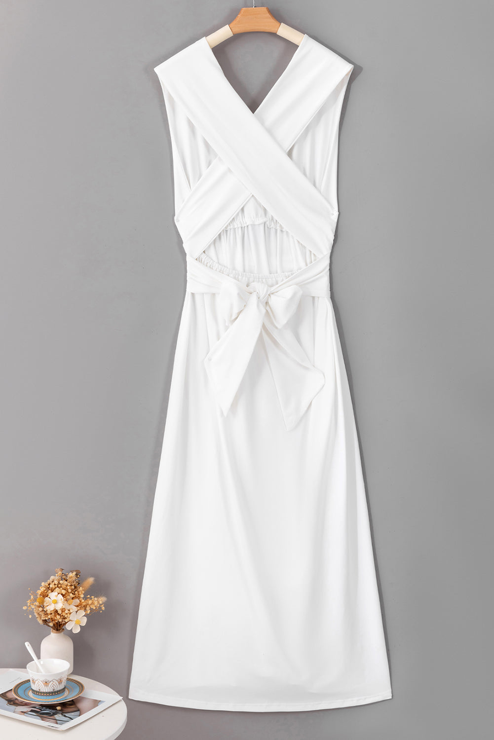 Tied Crisscross Plunge Sleeveless Dress White Women&