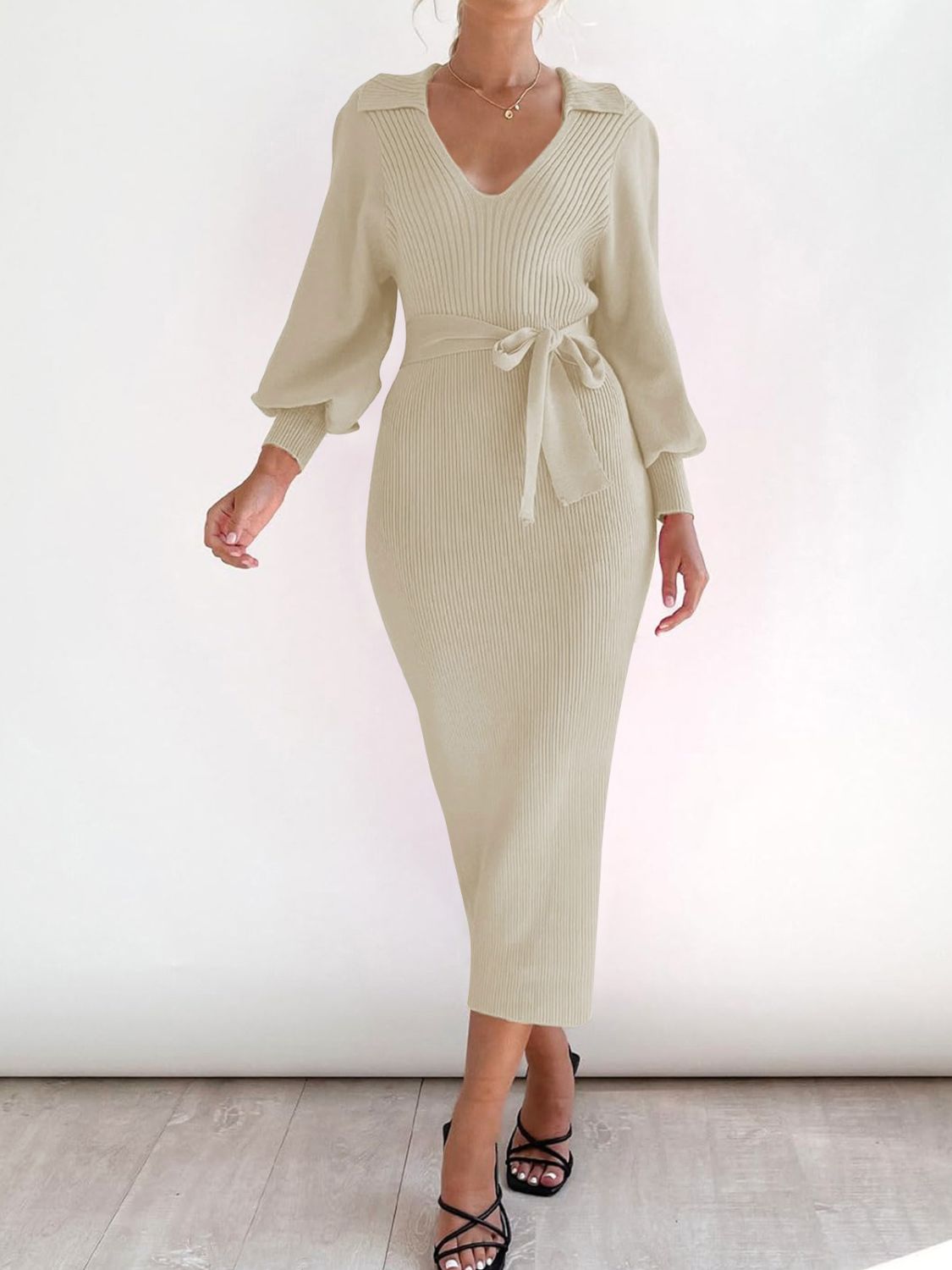 Tied Long Sleeve Wrap Sweater Dress Cream S Women&