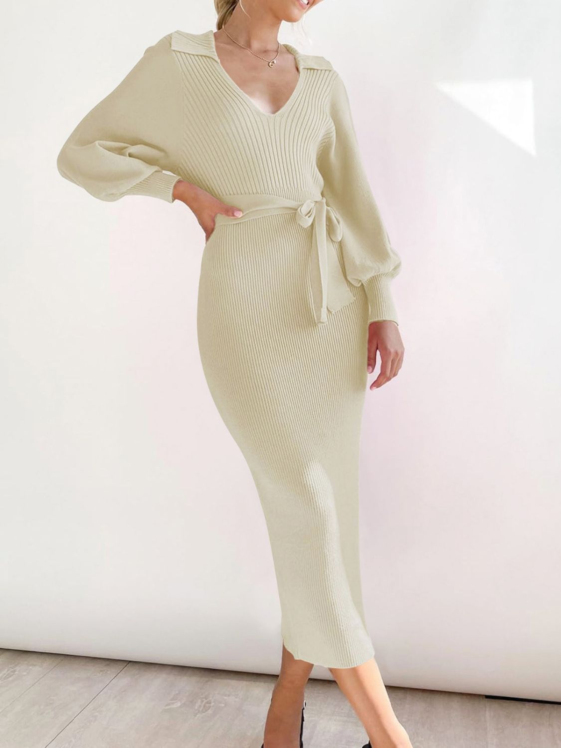 Tied Long Sleeve Wrap Sweater Dress Cream Women&