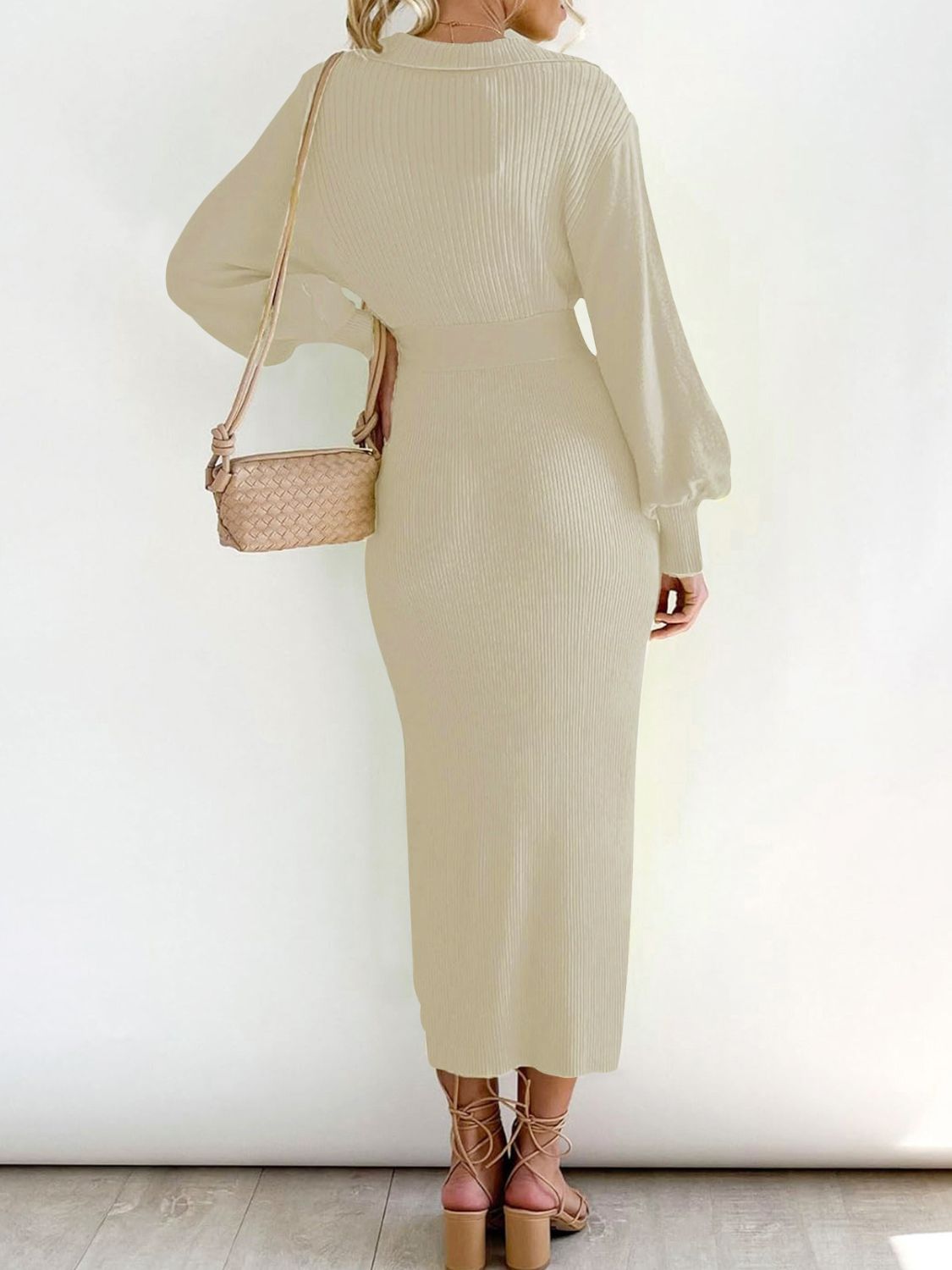 Tied Long Sleeve Wrap Sweater Dress Cream Women&