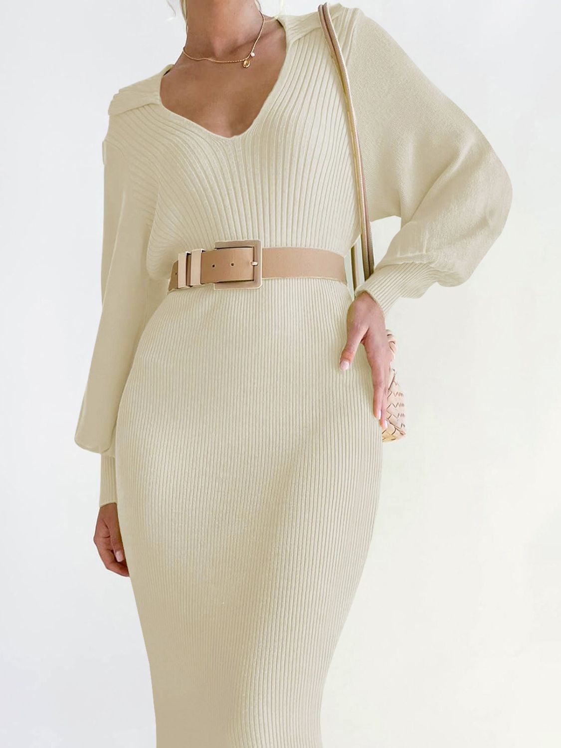 Tied Long Sleeve Wrap Sweater Dress Cream Women&