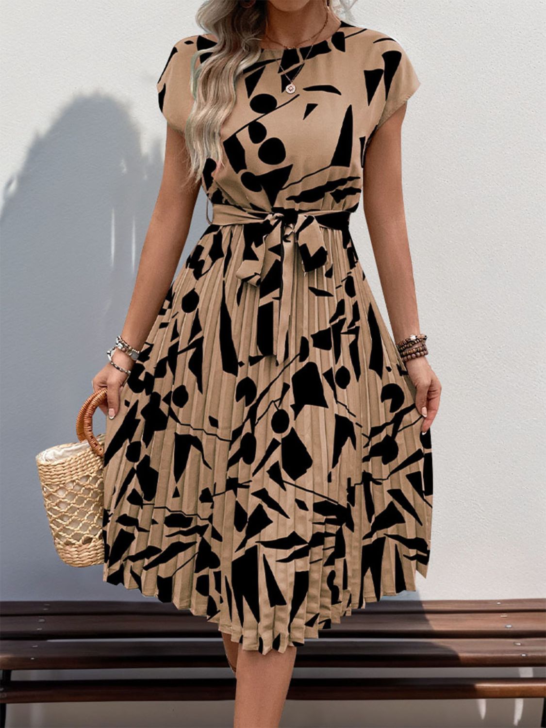 Tied Pleated Printed Cap Sleeve Dress Camel S Women&