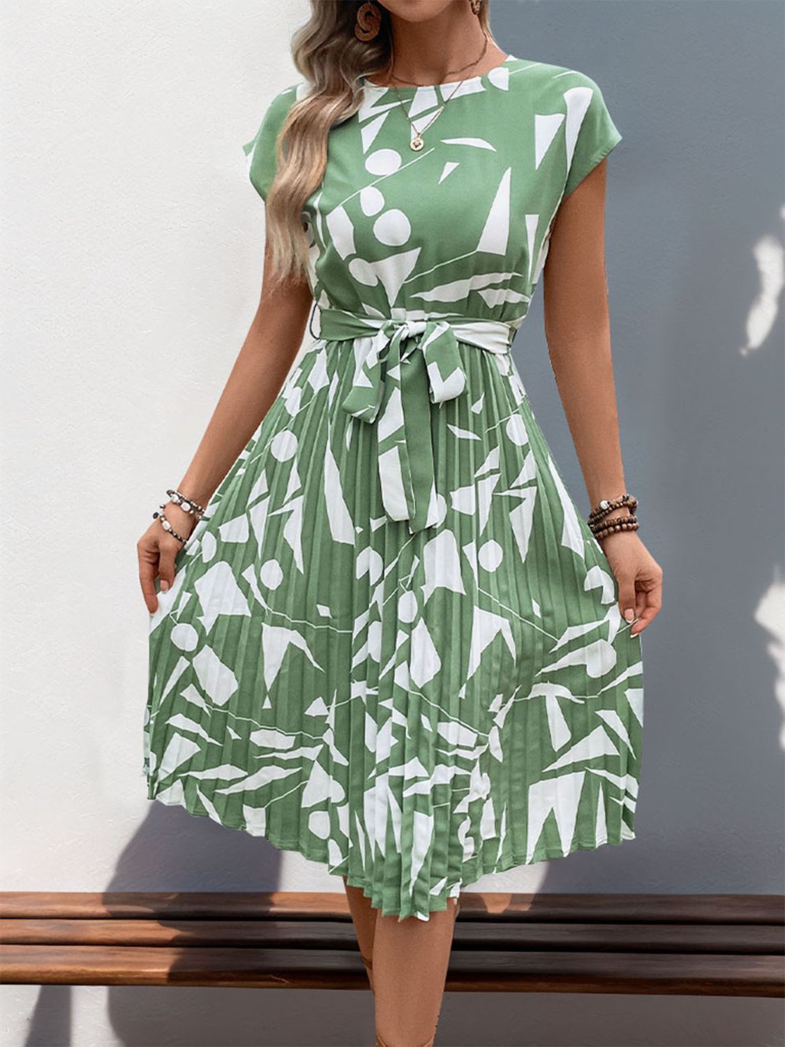 Tied Pleated Printed Cap Sleeve Dress Light Green S Women&