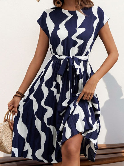 Tied Pleated Printed Cap Sleeve Dress Women&