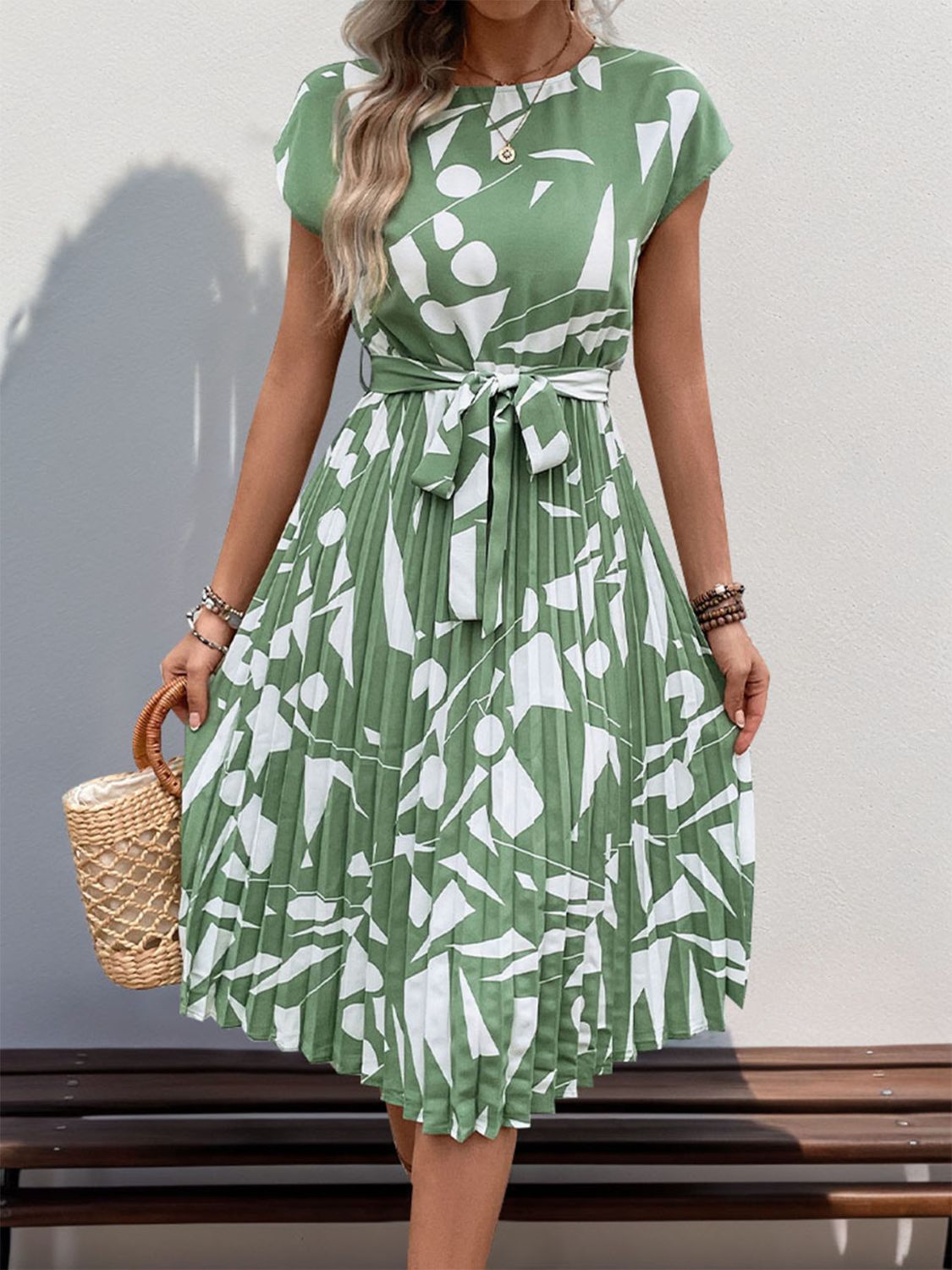 Tied Pleated Printed Cap Sleeve Dress Women&