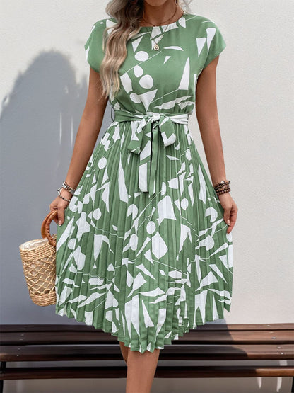 Tied Pleated Printed Cap Sleeve Dress Women&