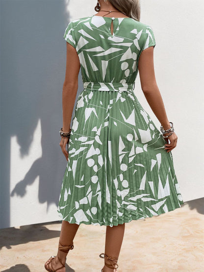 Tied Pleated Printed Cap Sleeve Dress Women&