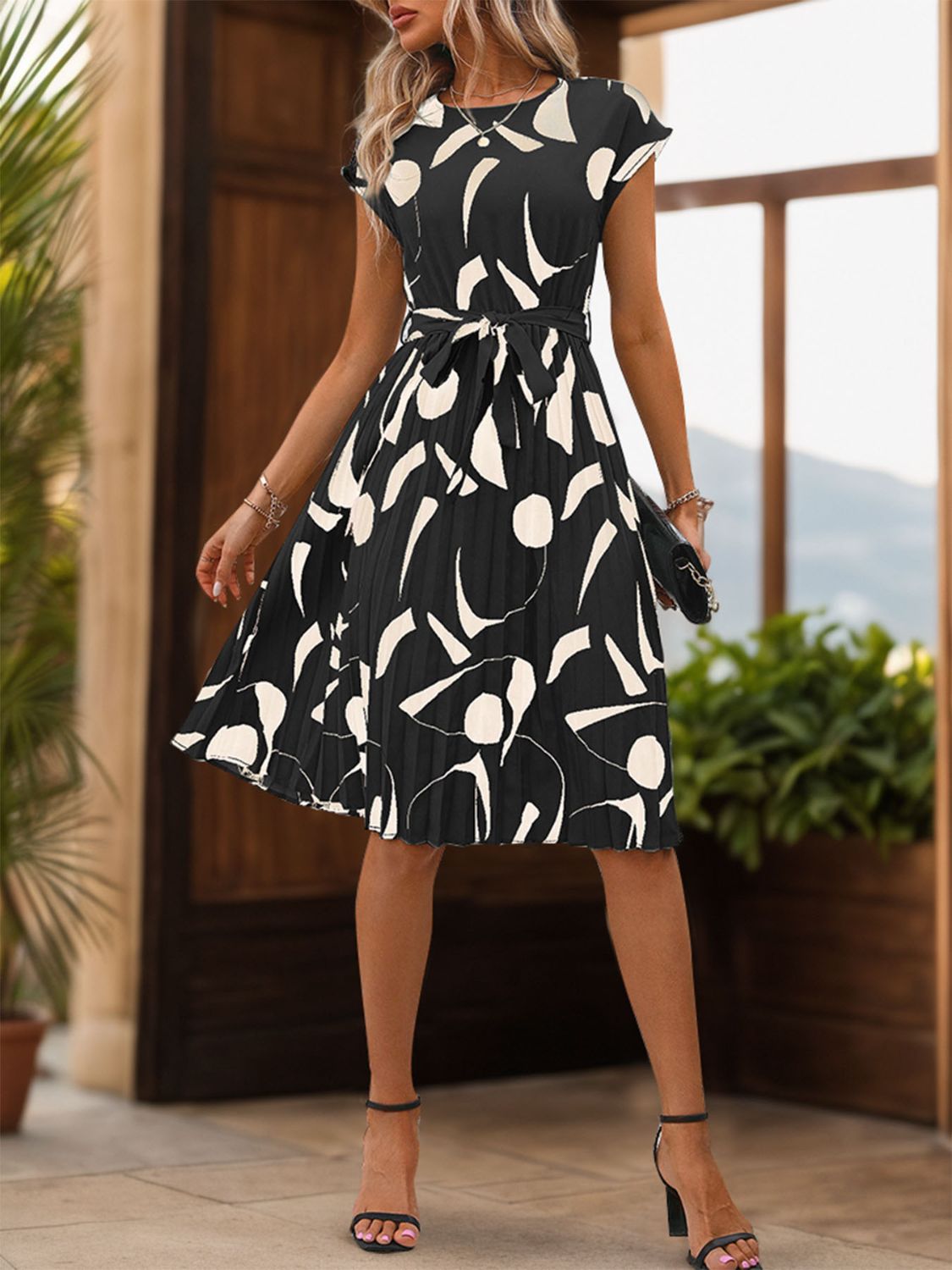 Tied Pleated Printed Cap Sleeve Dress Women&