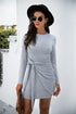 Tied Round Neck Long Sleeve Mini Dress Gray S Women&