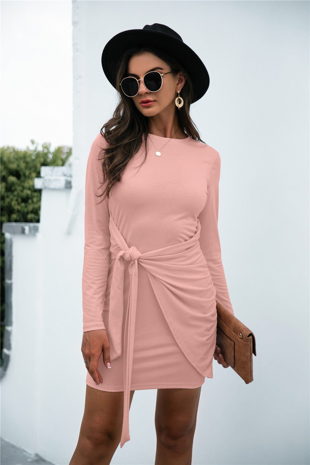 Tied Round Neck Long Sleeve Mini Dress Watermelon pink S Women&