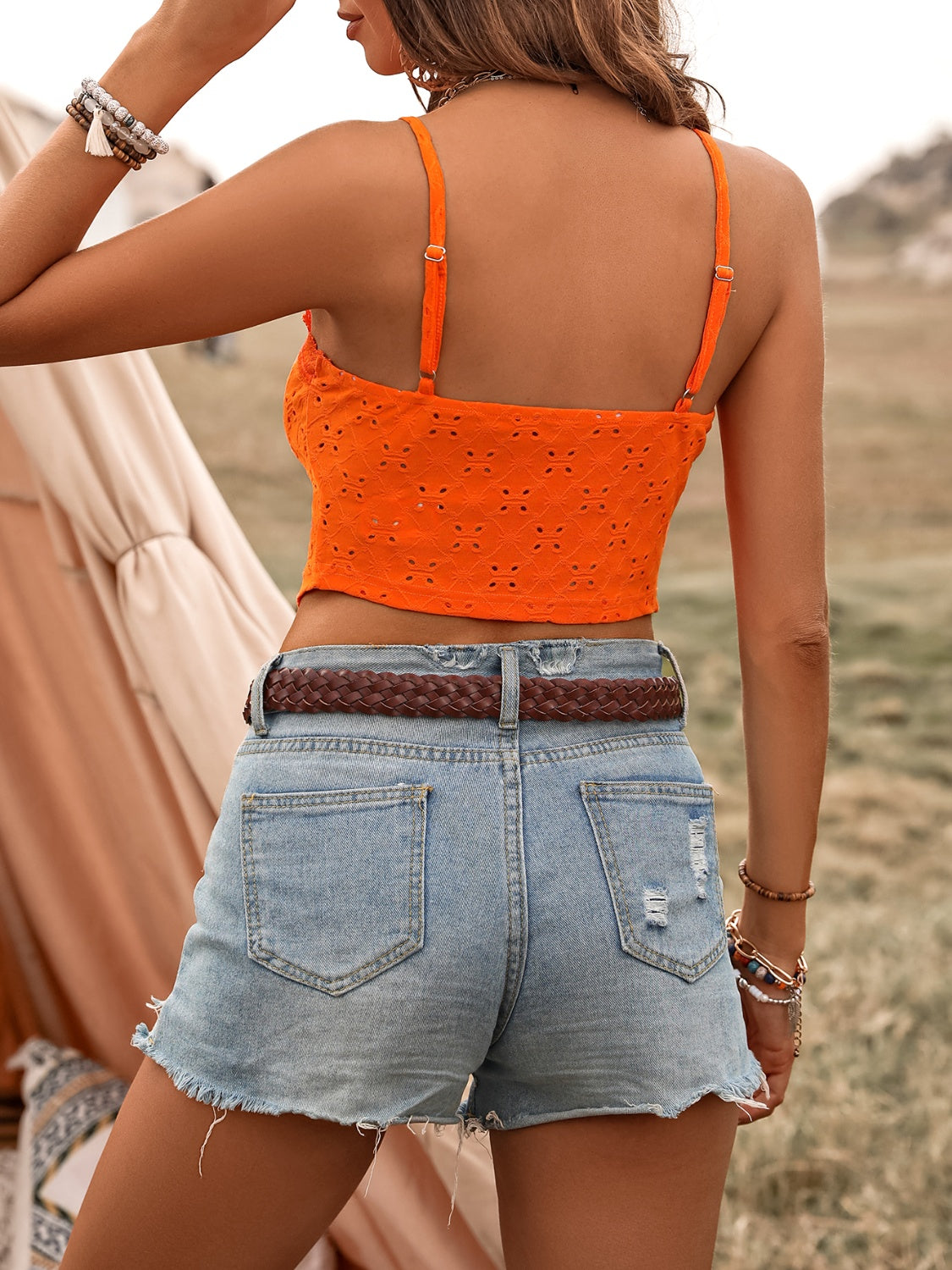 Tied Ruffled Eyelet V-Neck Cami Orange Tops by Trendsi | Fleurcouture