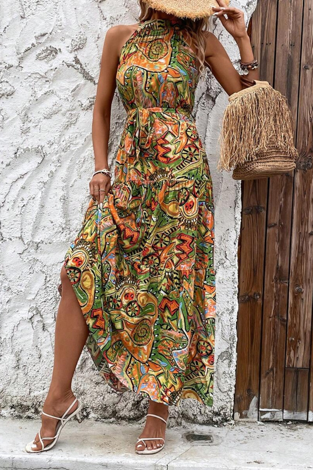 Tied Slit Floral Sleeveless Dress Dresses by Trendsi | Fleurcouture