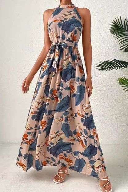 Tied Slit Floral Sleeveless Dress Dusty Blue S Dresses by Trendsi | Fleurcouture