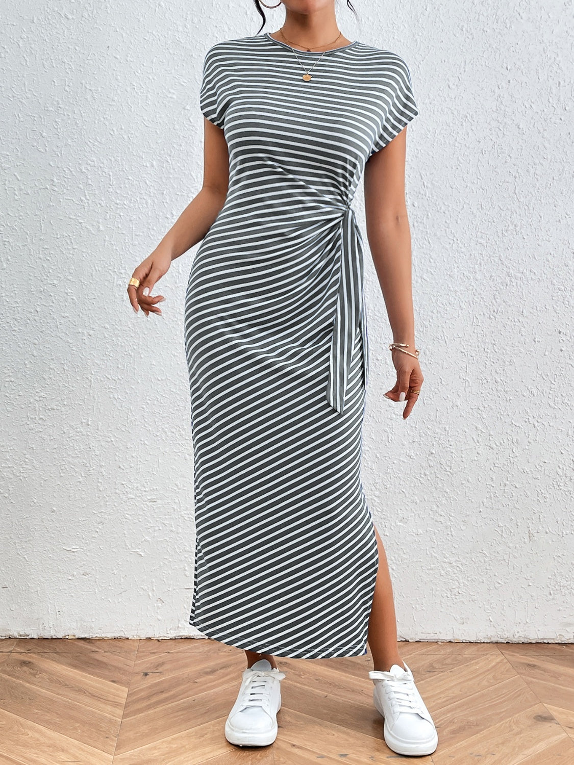 Tied Striped Round Neck Short Sleeve Tee Dress Gray S Women&