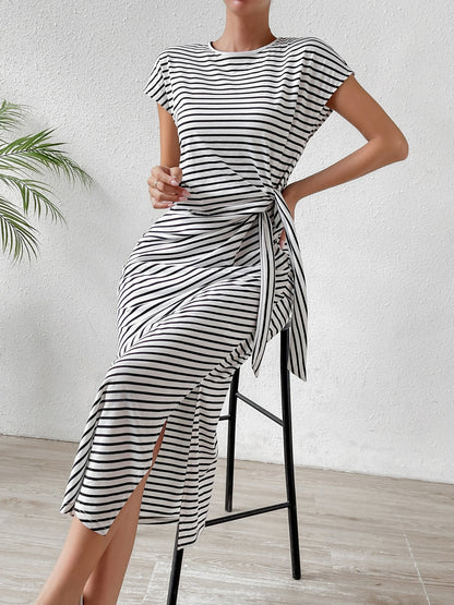 Tied Striped Round Neck Short Sleeve Tee Dress Women&