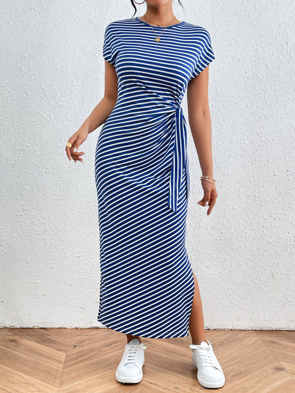 Tied Striped Round Neck Short Sleeve Tee Dress Women&