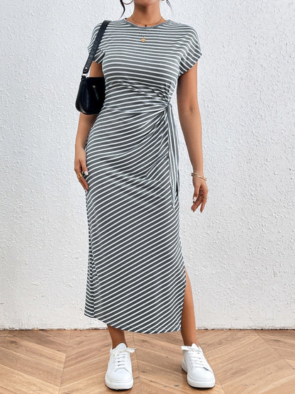 Tied Striped Round Neck Short Sleeve Tee Dress Women&