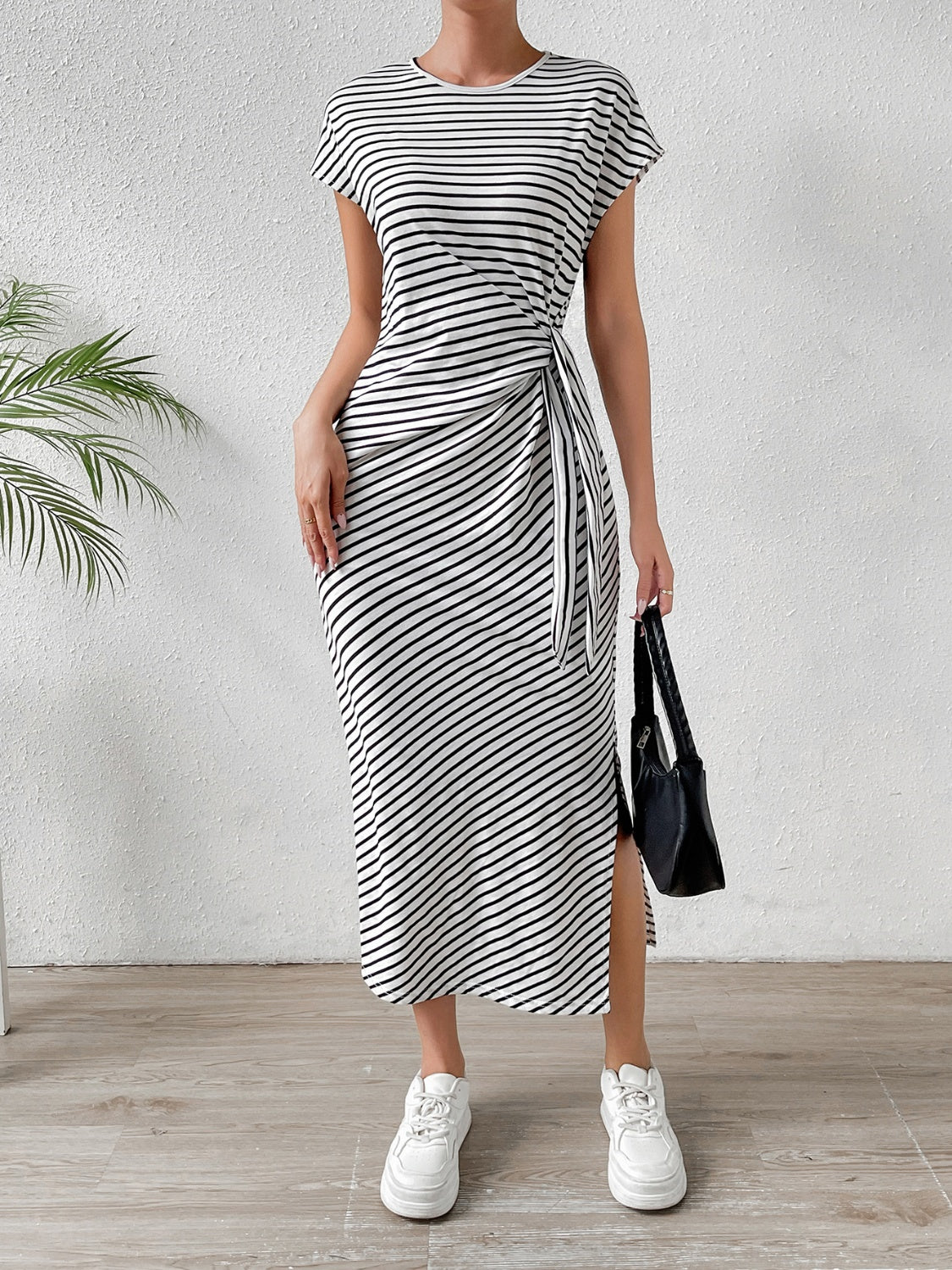 Tied Striped Round Neck Short Sleeve Tee Dress Women&