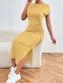 Tied Striped Round Neck Short Sleeve Tee Dress Yellow S Women&