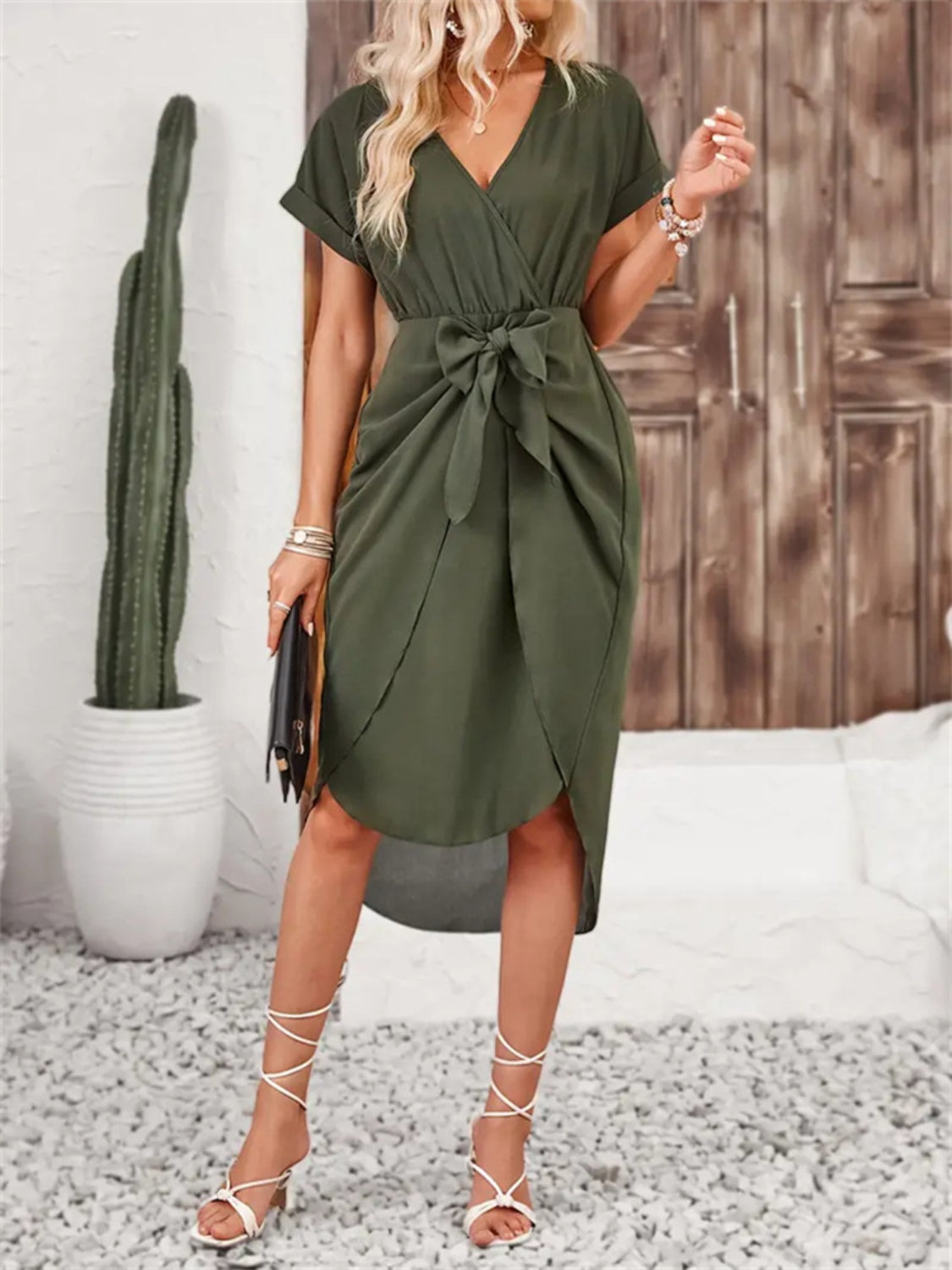 Tied Surplice Short Sleeve Dress Army Green S Women&