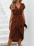 Tied Surplice Short Sleeve Dress Chocolate S Women&