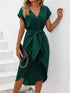 Tied Surplice Short Sleeve Dress Dark Green S Women&