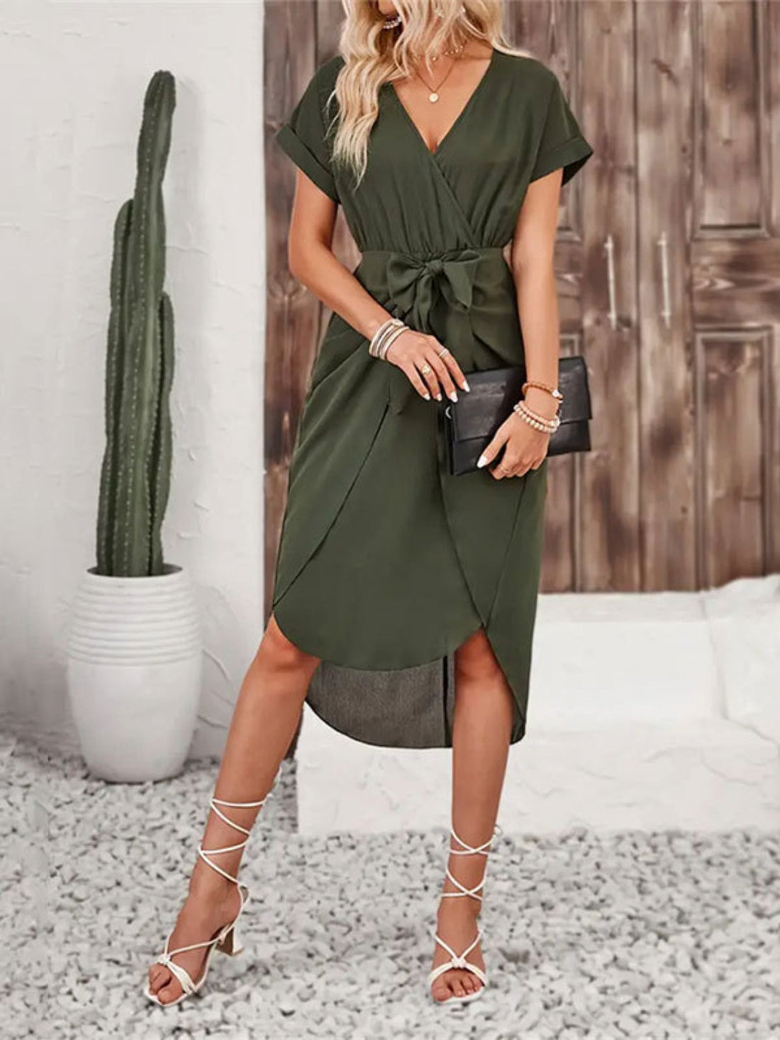 Tied Surplice Short Sleeve Dress Women&