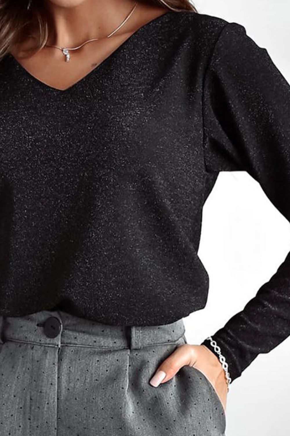 Tied V-Neck Long Sleeve Blouse Black Women&