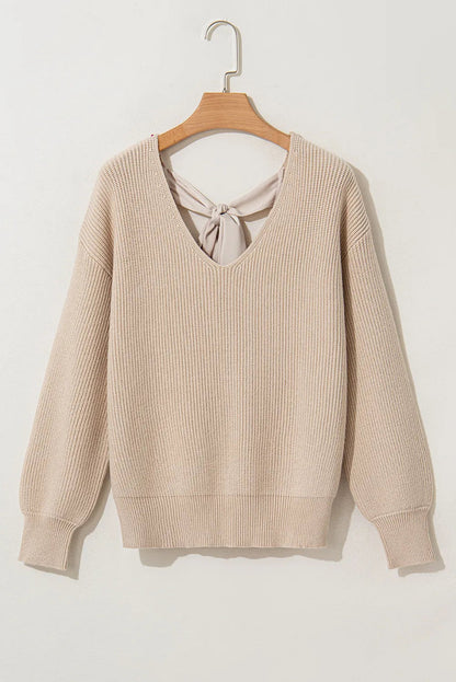 Tied V-Neck Long Sleeve Sweater Women&