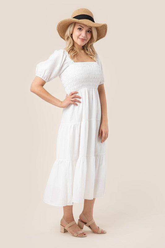 Tiered long dress with puff sleeves White S by Lilou | Fleurcouture