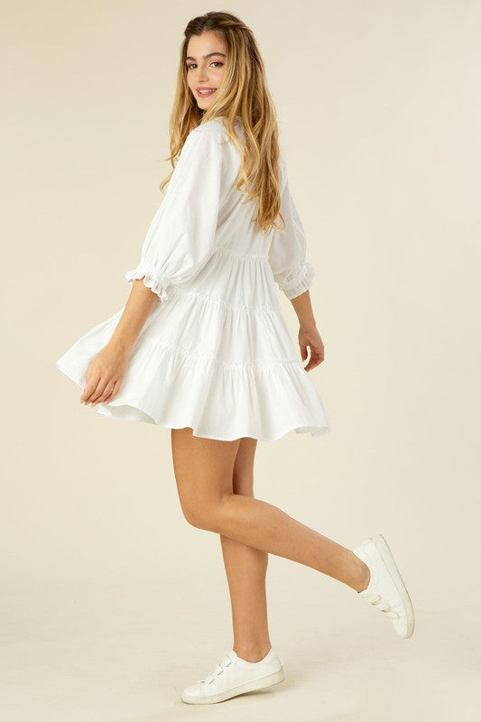 Tiered mini dress with tassel Off white by Lilou | Fleurcouture