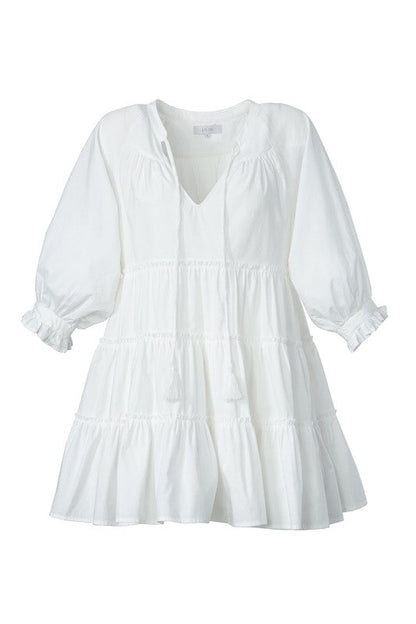 Tiered mini dress with tassel Off white by Lilou | Fleurcouture