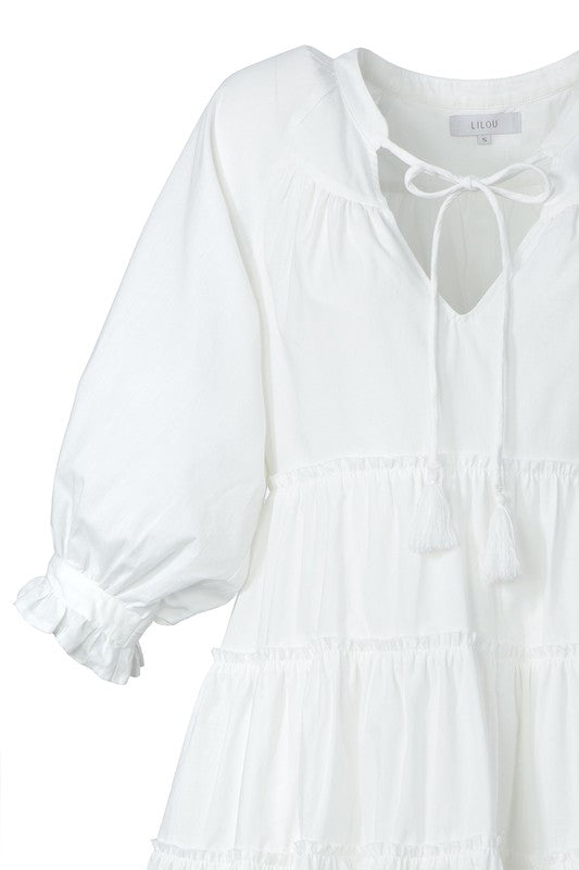 Tiered mini dress with tassel Off white by Lilou | Fleurcouture