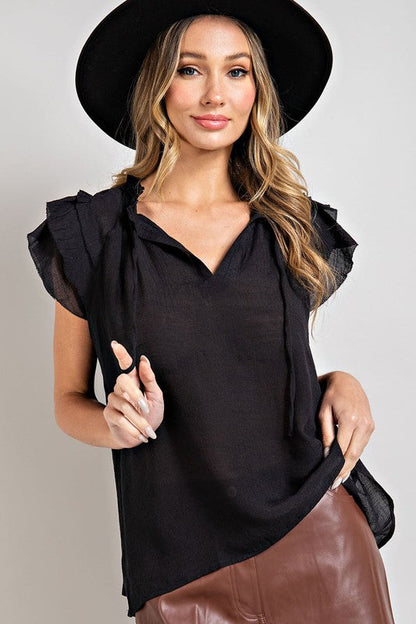 Tiered Ruffle Sleeve Short Sleeve Blouse BLACK L by eesome | Fleurcouture