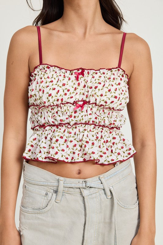 TIERED RUFFLE TOP IVORY-BURGUNDY by Emory Park | Fleurcouture