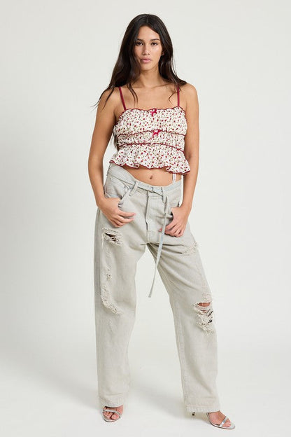 TIERED RUFFLE TOP IVORY-BURGUNDY by Emory Park | Fleurcouture