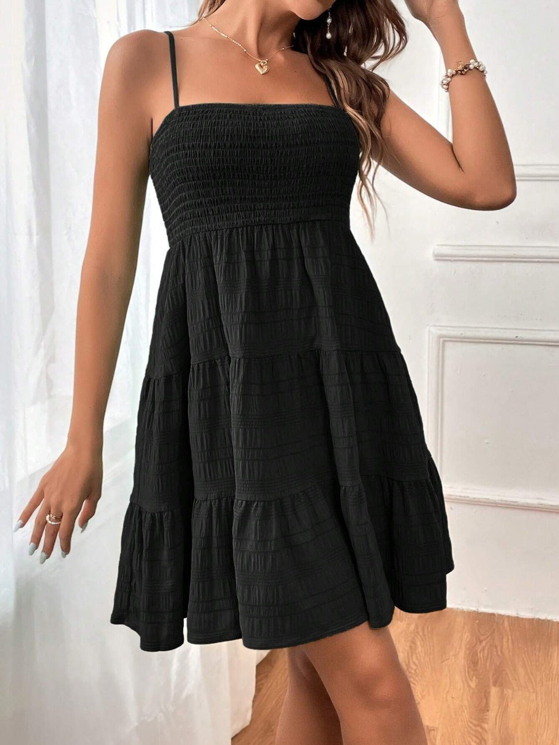 Tiered Smocked Square Neck Cami Dress Black S Women&