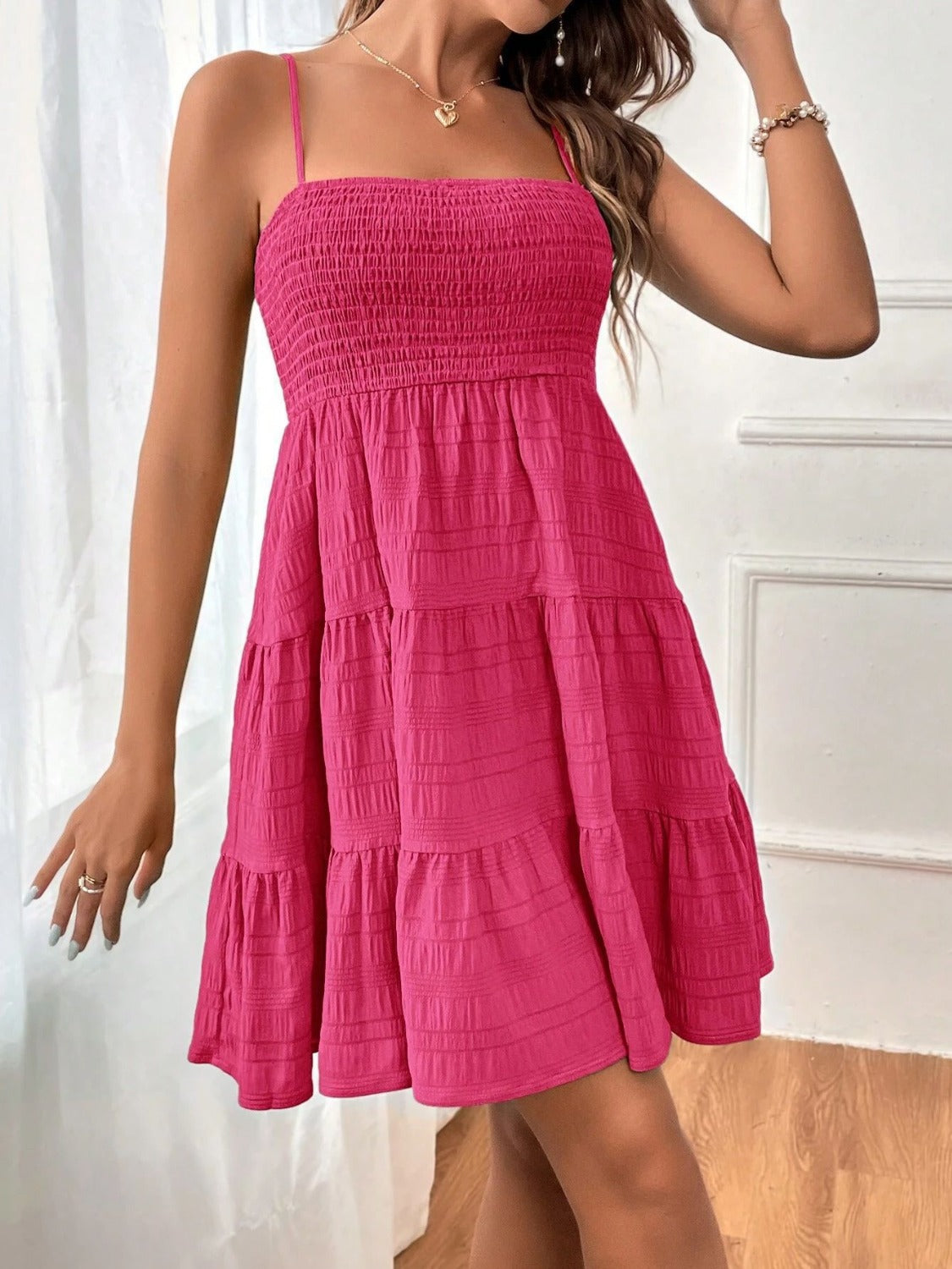 Tiered Smocked Square Neck Cami Dress Deep Rose S Women&