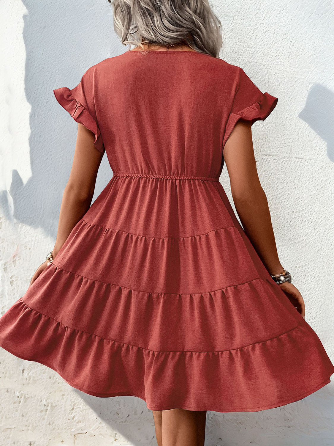 Tiered Surplice Flounce Sleeve Mini Dress Rust Dresses by Trendsi | Fleurcouture