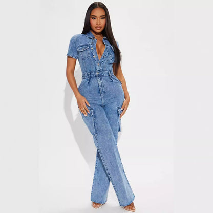 Tight Waist Slim Elastic Fried Floral Wash Denim Jumpsuit Jumpsuit Bell Bottom Pants Blue by Joliss | Fleurcouture