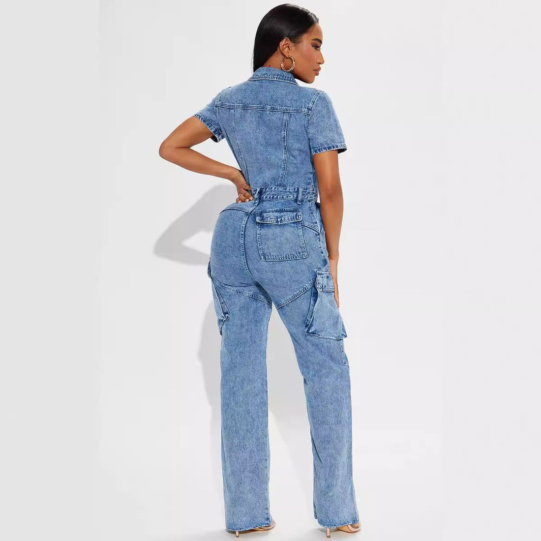 Tight Waist Slim Elastic Fried Floral Wash Denim Jumpsuit Jumpsuit Bell Bottom Pants Blue by Joliss | Fleurcouture