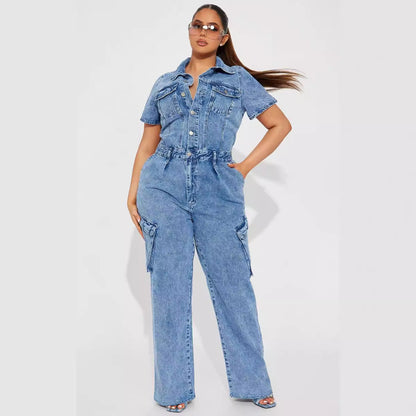 Tight Waist Slim Elastic Fried Floral Wash Denim Jumpsuit Jumpsuit Bell Bottom Pants Blue by Joliss | Fleurcouture