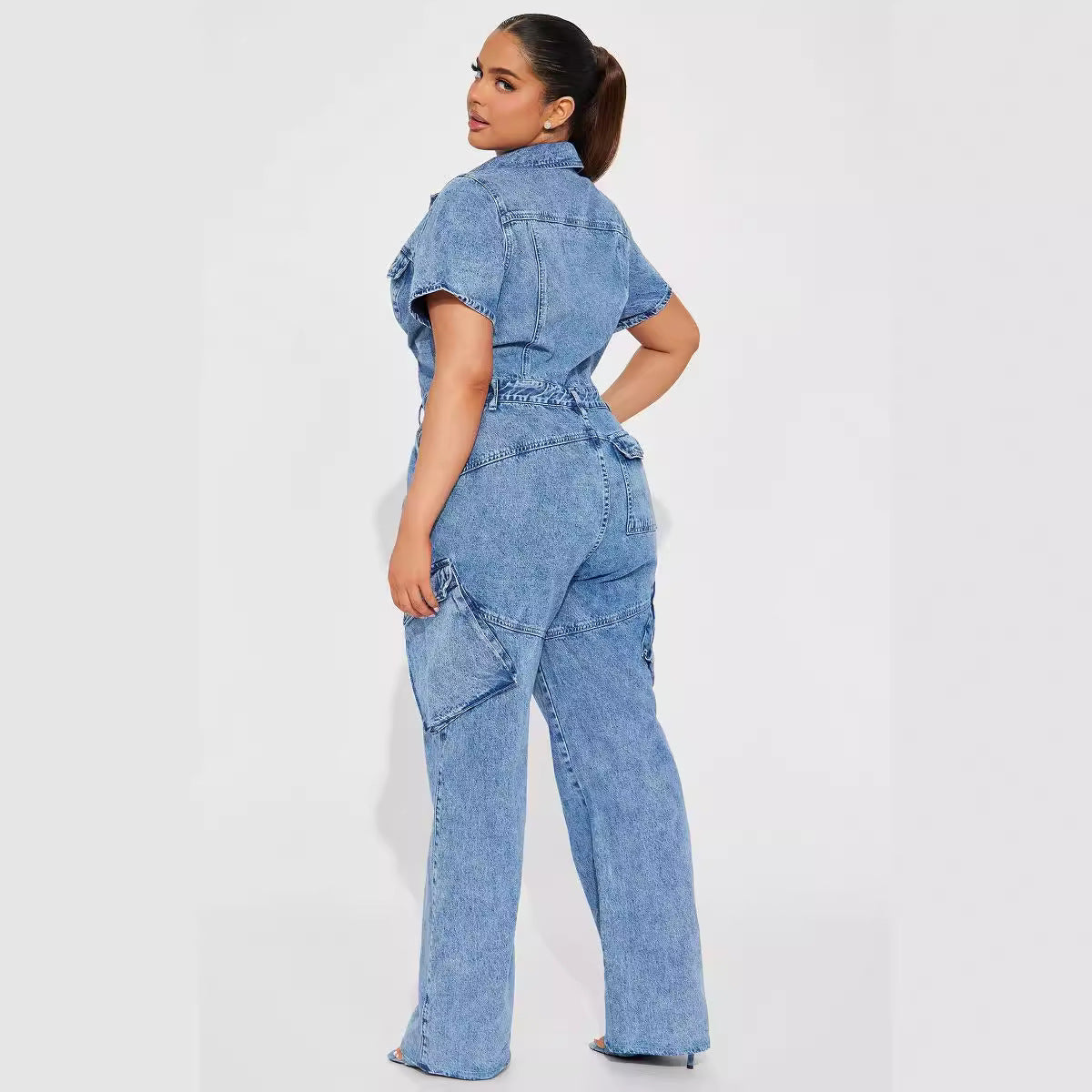 Tight Waist Slim Elastic Fried Floral Wash Denim Jumpsuit Jumpsuit Bell Bottom Pants Blue by Joliss | Fleurcouture