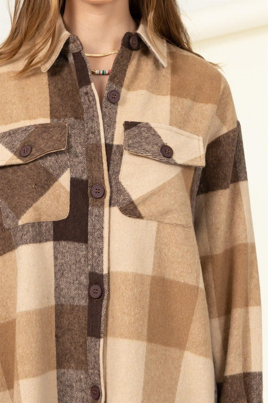 Trendy Throwback Checkered Shacket BROWN S by HYFVE | Fleurcouture