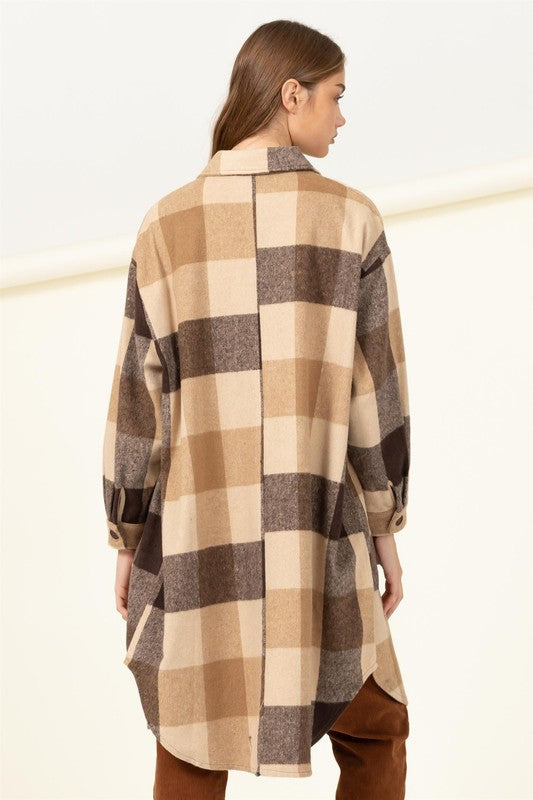 Trendy Throwback Checkered Shacket BROWN S by HYFVE | Fleurcouture